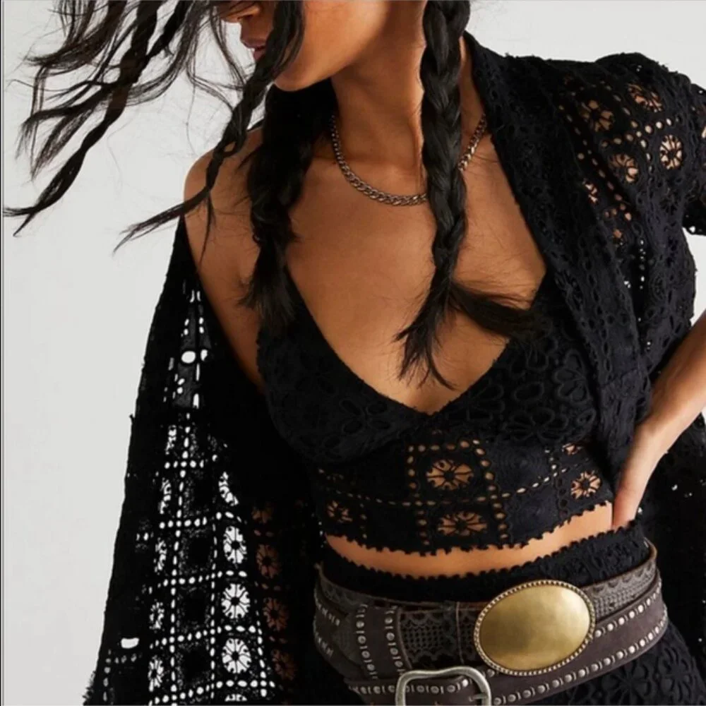 Free People FP One Yesenia Bralette Smocked Black Crop Top S 6